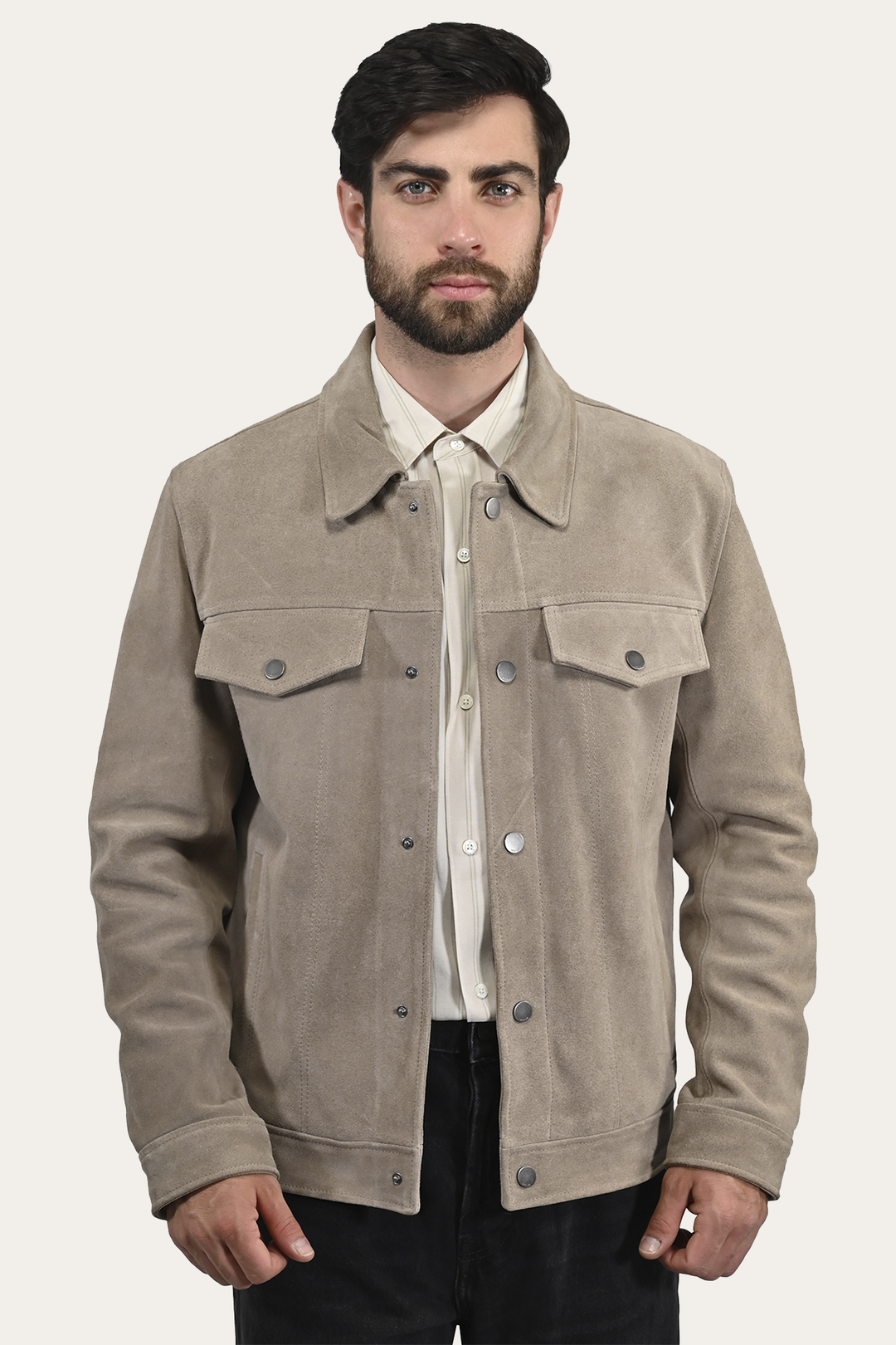 Taupe Leather Jackets Frye Men’s Taupe Trailblazer Suede Trucker Jacket