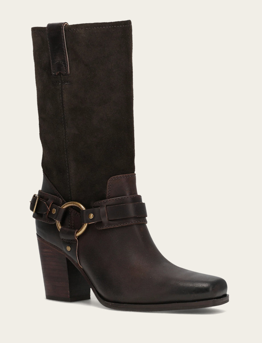 Dark Brown Boots Frye Women's Dark Brown Shiloh Harness Belted Boot