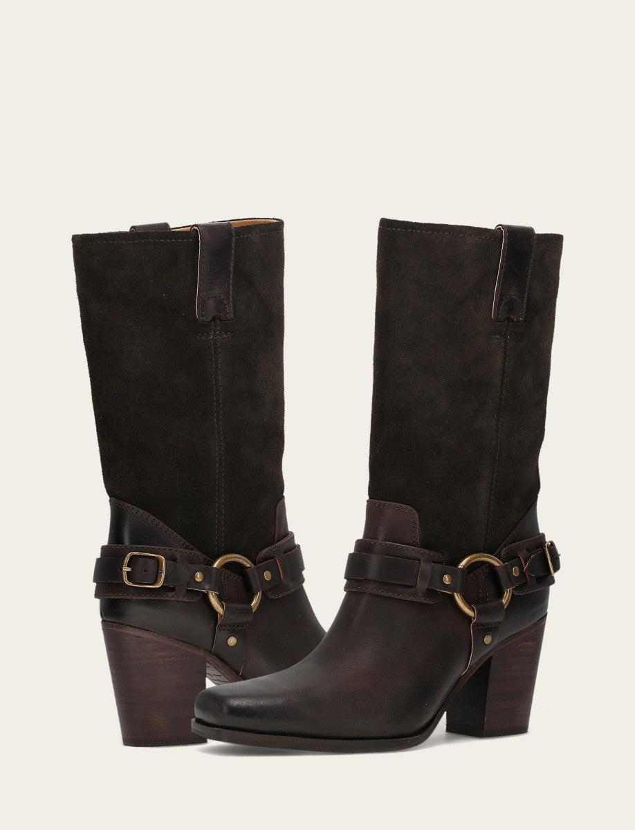 Dark Brown Boots Frye Women's Dark Brown Shiloh Harness Belted Boot
