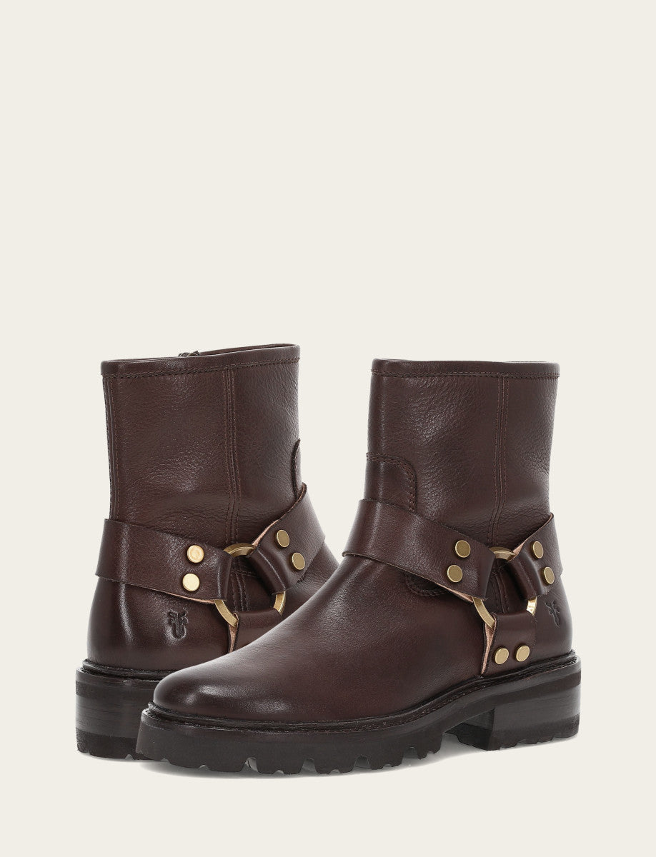 Chocolate Booties Frye Women's Chocolate Olivia Harness Short Booties