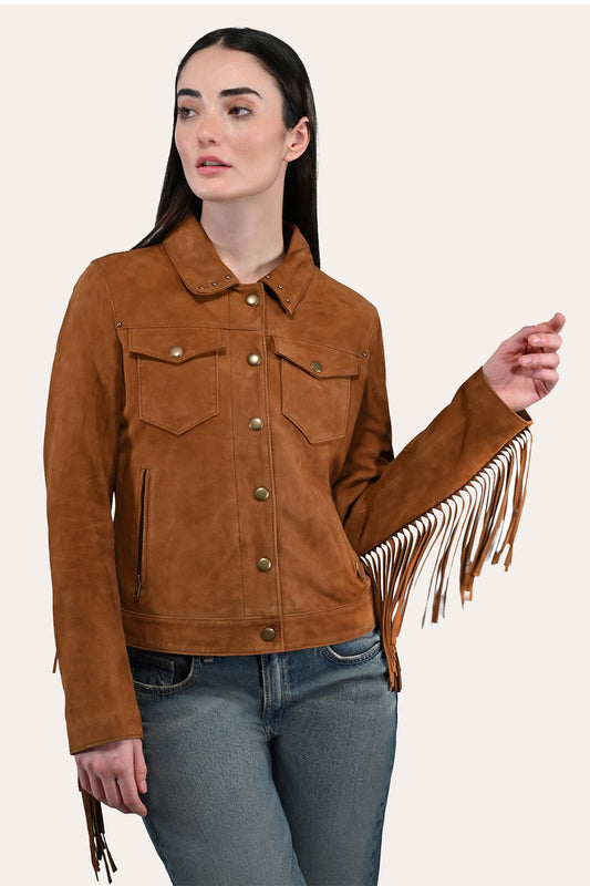 Medium Brown Leather Jackets Frye Women’s Medium Brown Nash Fringed Suede Trucker Jacket
