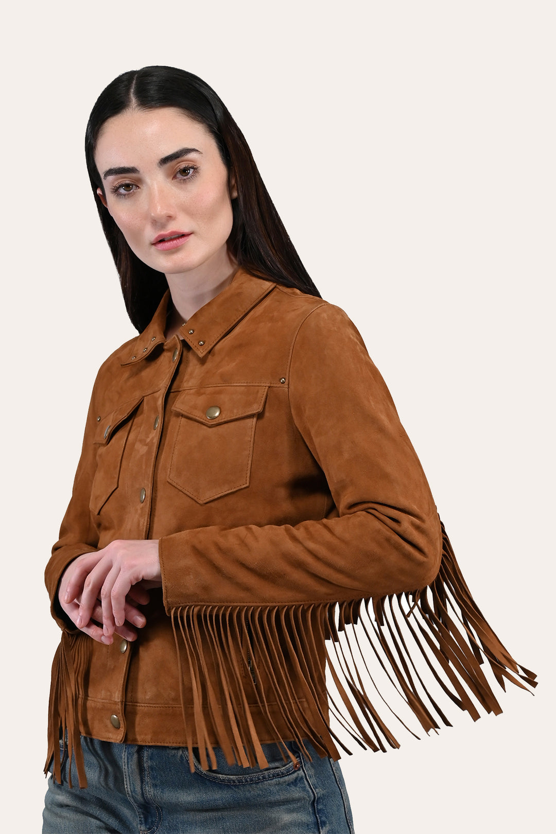Medium Brown Leather Jackets Frye Women’s Medium Brown Nash Fringed Suede Trucker Jacket