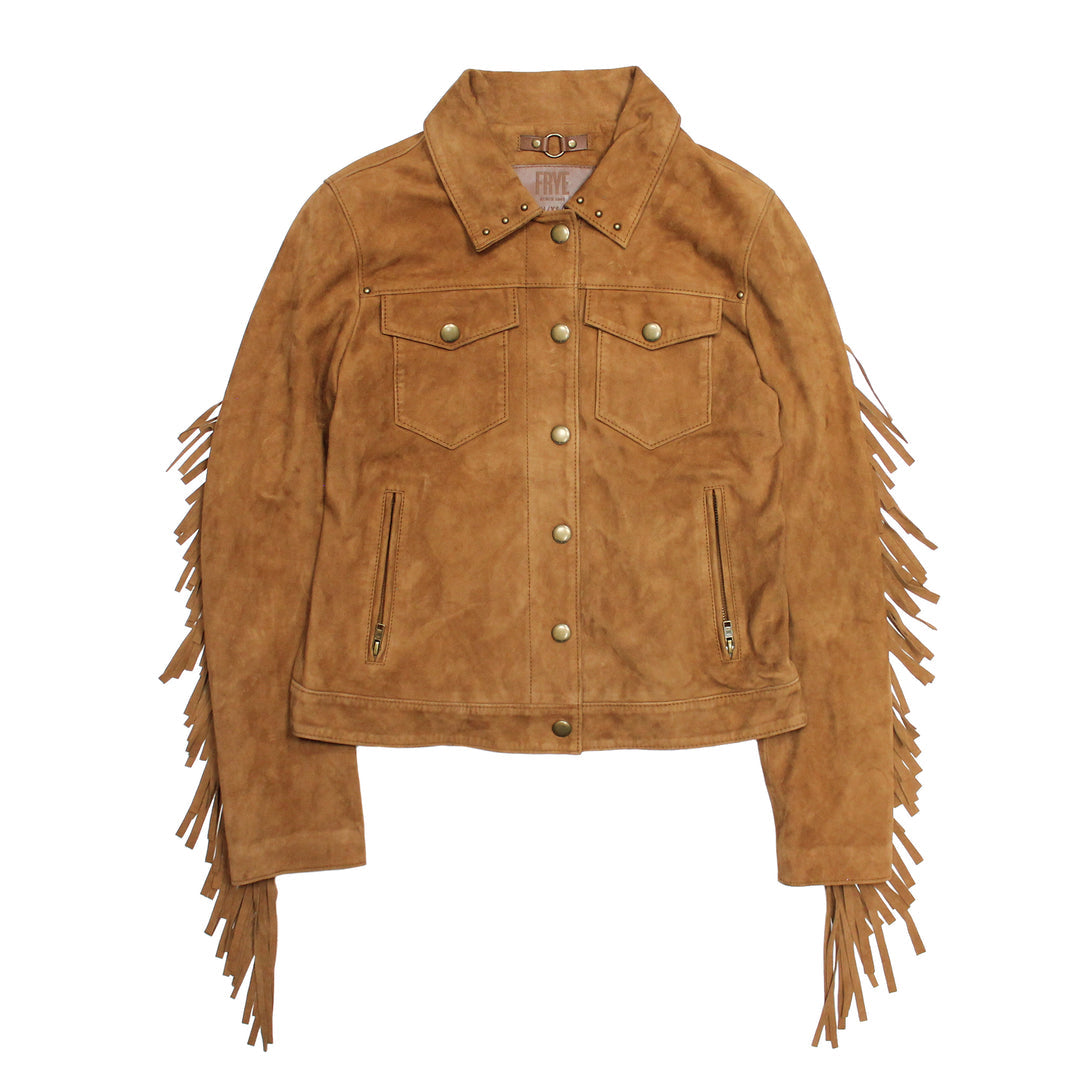Medium Brown Leather Jackets Frye Women’s Medium Brown Nash Fringed Suede Trucker Jacket