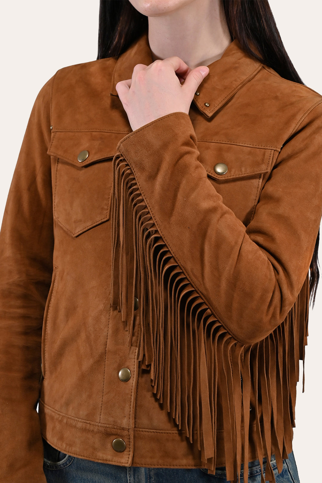Medium Brown Leather Jackets Frye Women’s Medium Brown Nash Fringed Suede Trucker Jacket