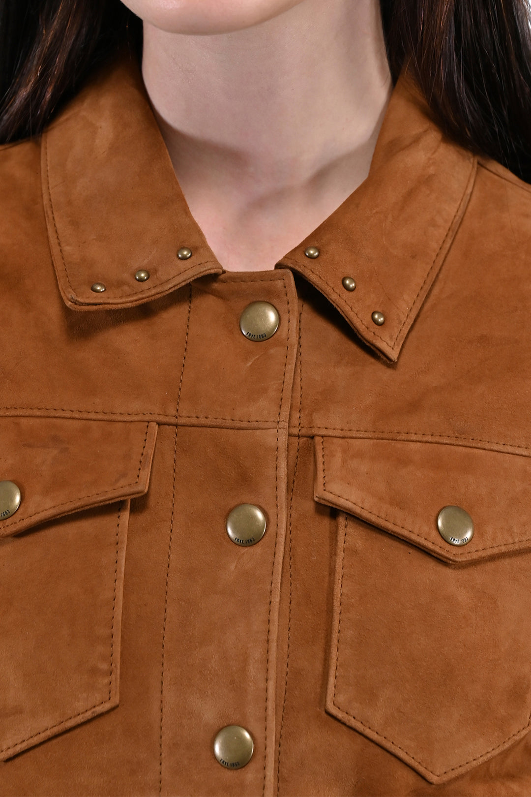 Medium Brown Leather Jackets Frye Women’s Medium Brown Nash Fringed Suede Trucker Jacket