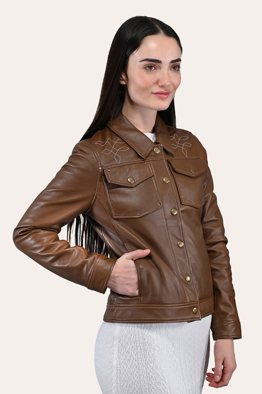 Medium Brown Leather Jackets Frye Women’s Medium Brown Callum Trucker Leather Jacket