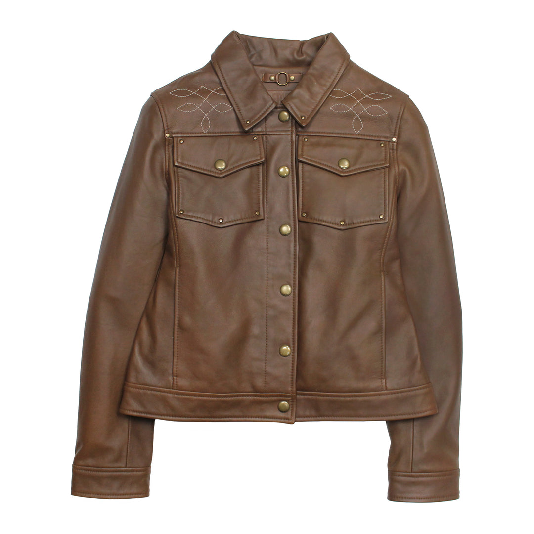 Medium Brown Leather Jackets Frye Women’s Medium Brown Callum Trucker Leather Jacket