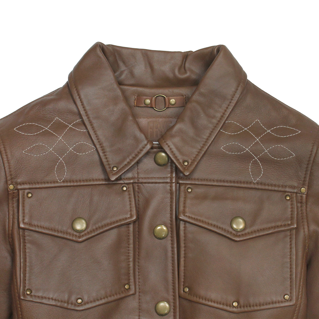 Medium Brown Leather Jackets Frye Women’s Medium Brown Callum Trucker Leather Jacket
