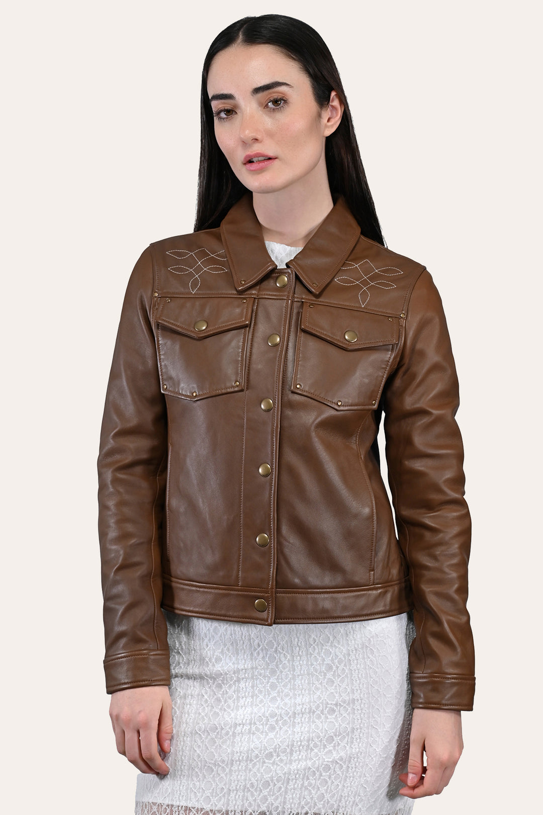 Medium Brown Leather Jackets Frye Women’s Medium Brown Callum Trucker Leather Jacket