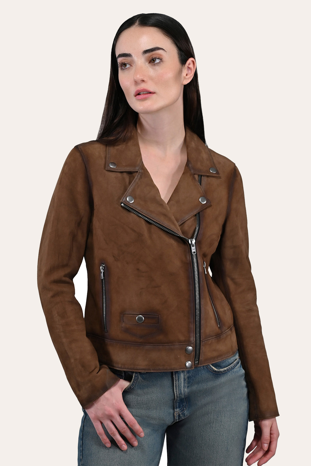 Dark taupe Leather Jackets Frye Women’s Dark Taupe Oakley Vintage Suede Biker Jacket