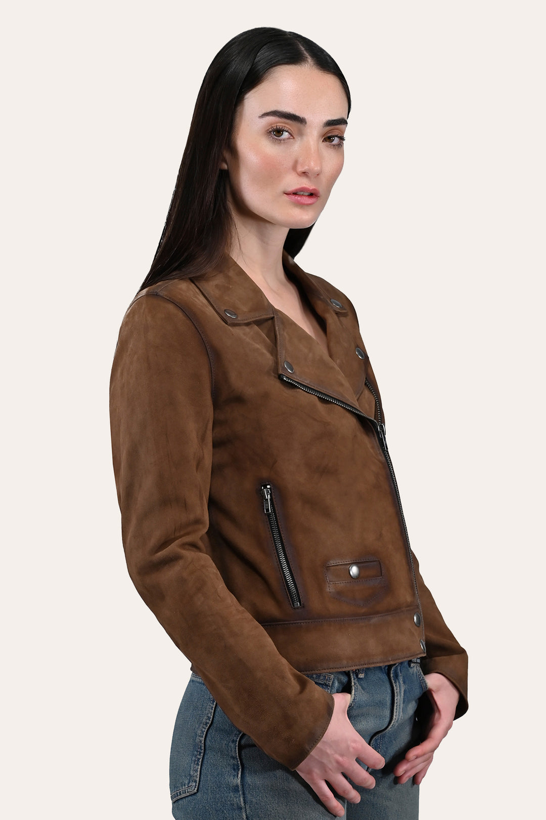 Dark taupe Leather Jackets Frye Women’s Dark Taupe Oakley Vintage Suede Biker Jacket