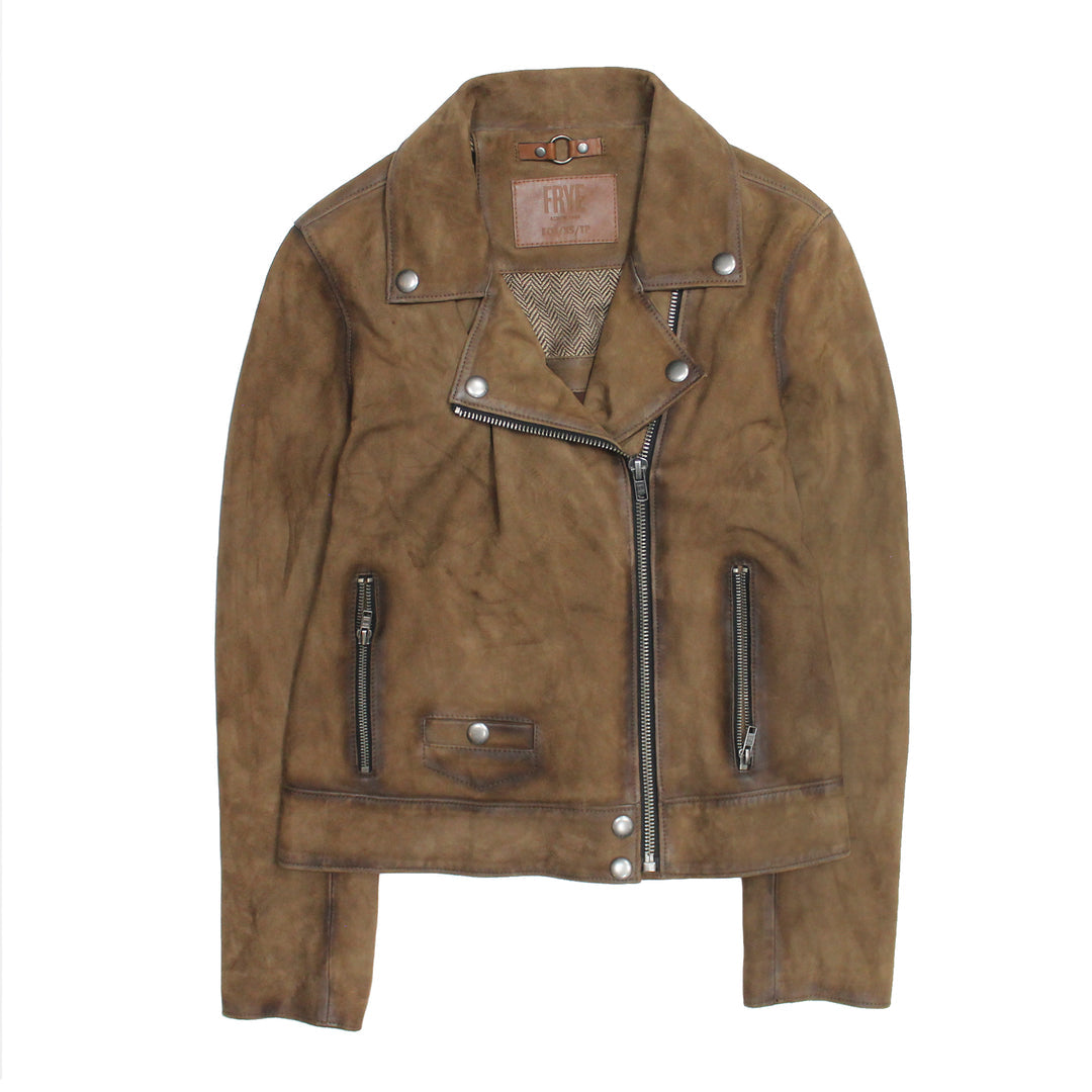 Dark taupe Leather Jackets Frye Women’s Dark Taupe Oakley Vintage Suede Biker Jacket