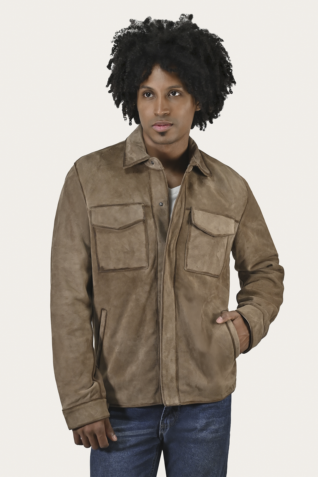 Taupe Leather Jackets Frye Men’s Taupe Brock Suede Utility Shacket