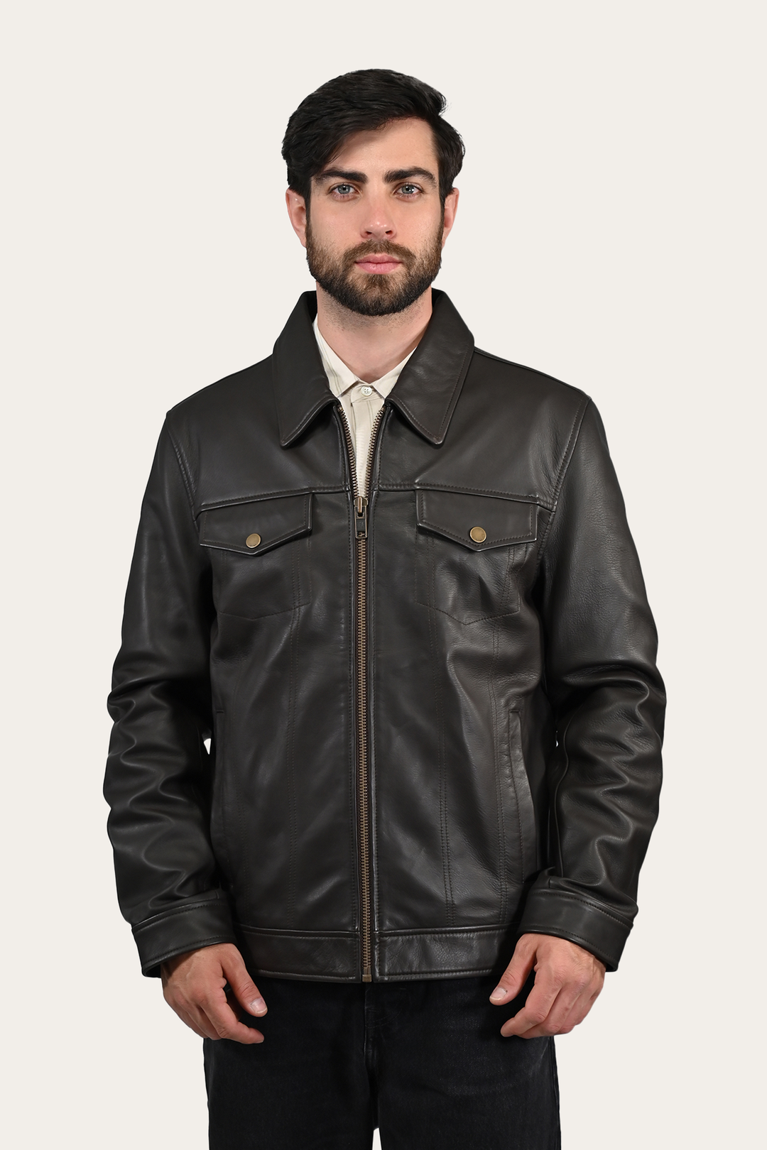 Dark Brown Leather Jackets Frye Men’s Dark Brown Durango Trucker Leather Jacket