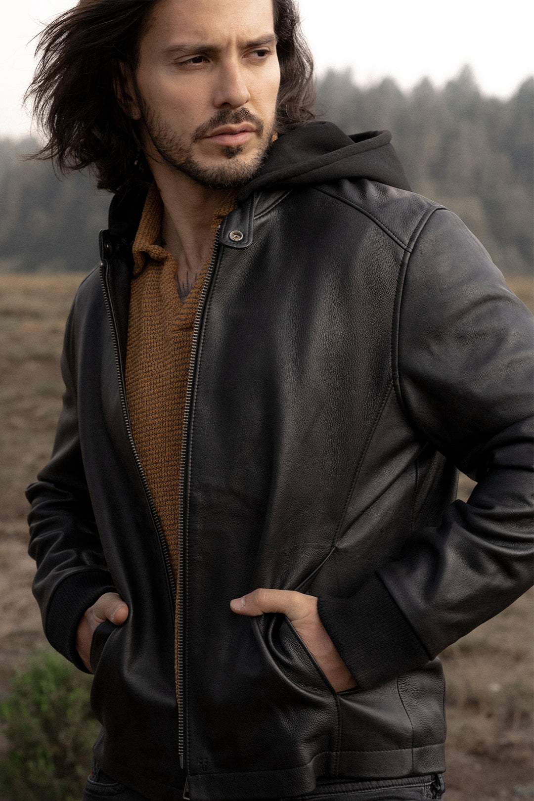 Black Leather Jackets Frye Men’s Black Saddle Racer Leather Hooded Jacket