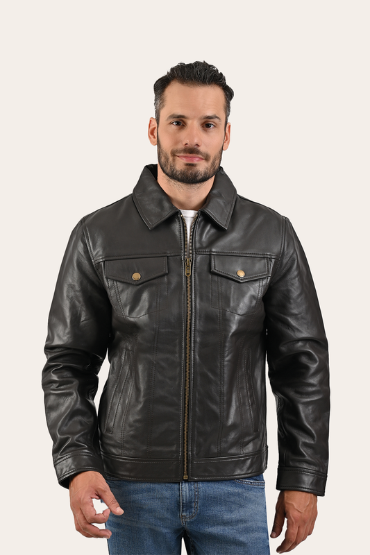 Dark Brown Leather Jackets Frye Men’s Dark Brown Kentucky Trucker Leather Jacket