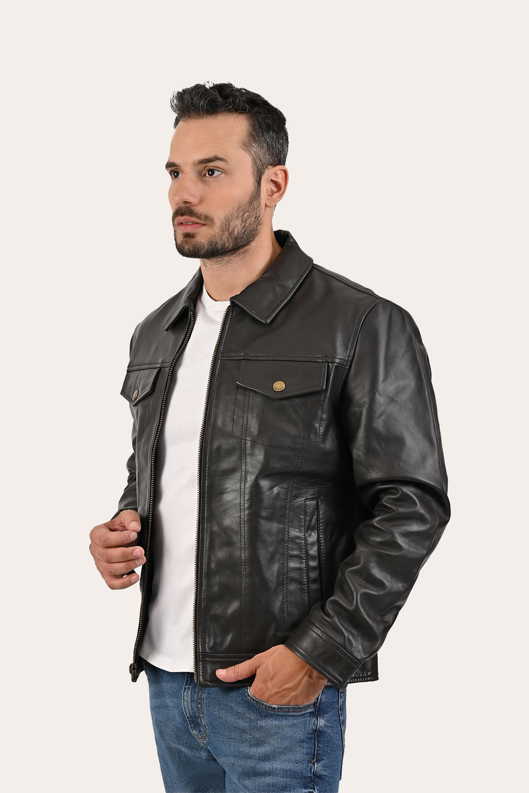 Dark Brown Leather Jackets Frye Men’s Dark Brown Kentucky Trucker Leather Jacket