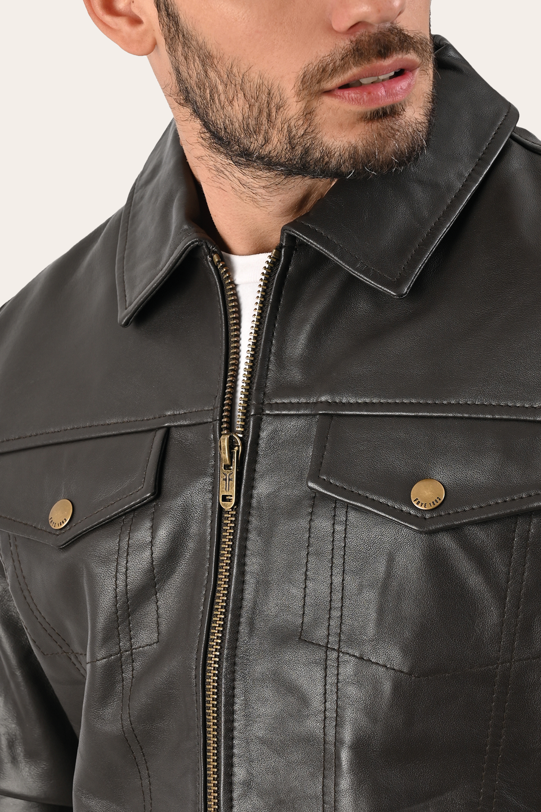 Dark Brown Leather Jackets Frye Men’s Dark Brown Kentucky Trucker Leather Jacket