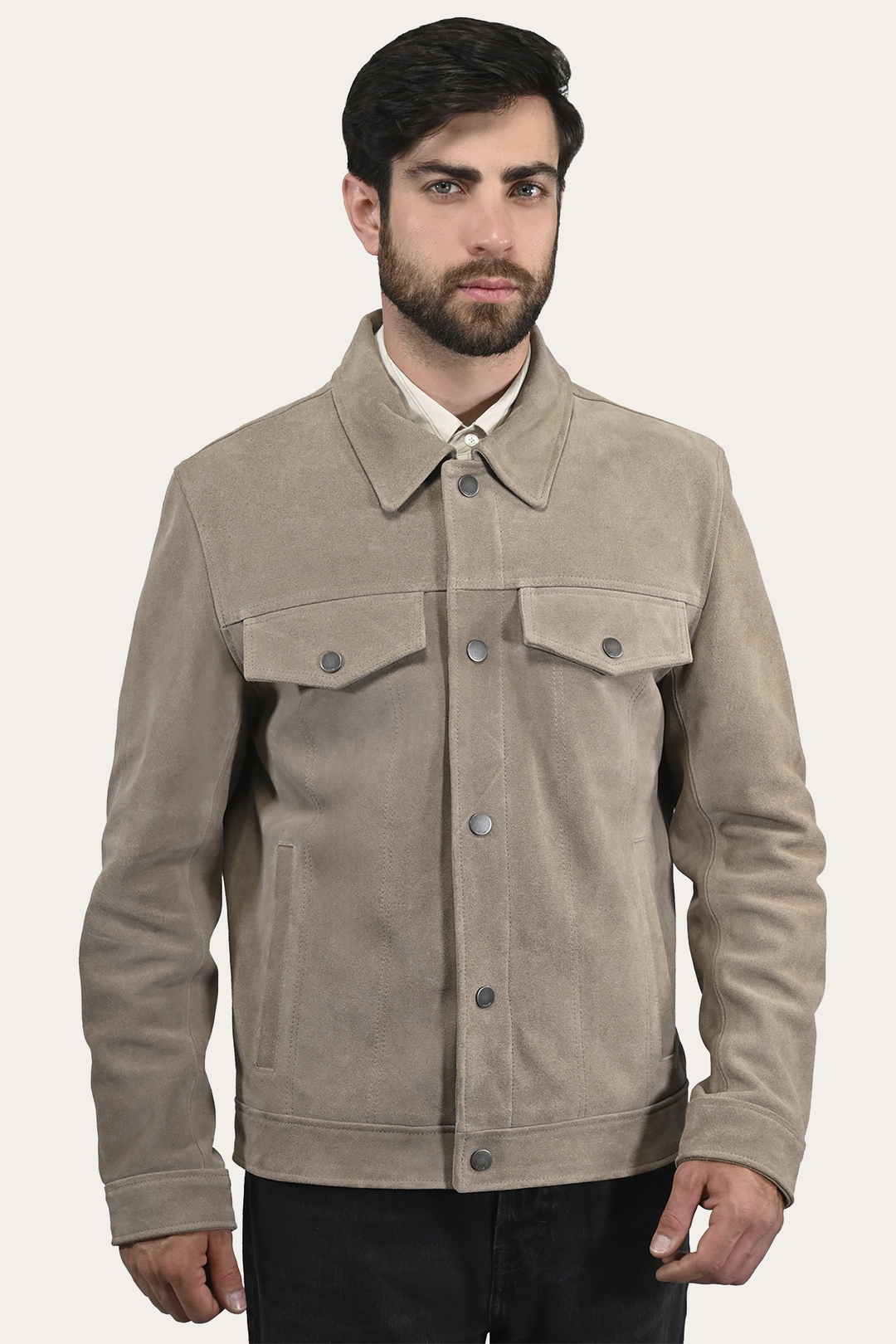 Taupe Leather Jackets Frye Men’s Taupe Trailblazer Suede Trucker Jacket