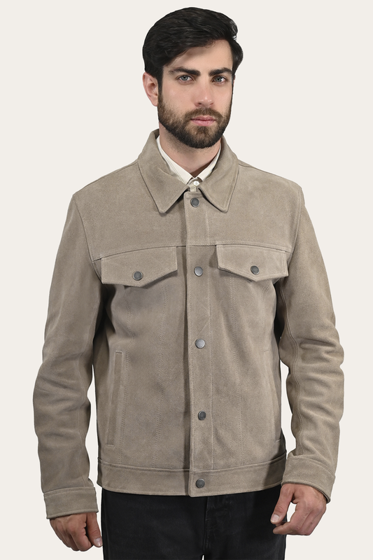 Taupe Leather Jackets Frye Men’s Taupe Trailblazer Suede Trucker Jacket