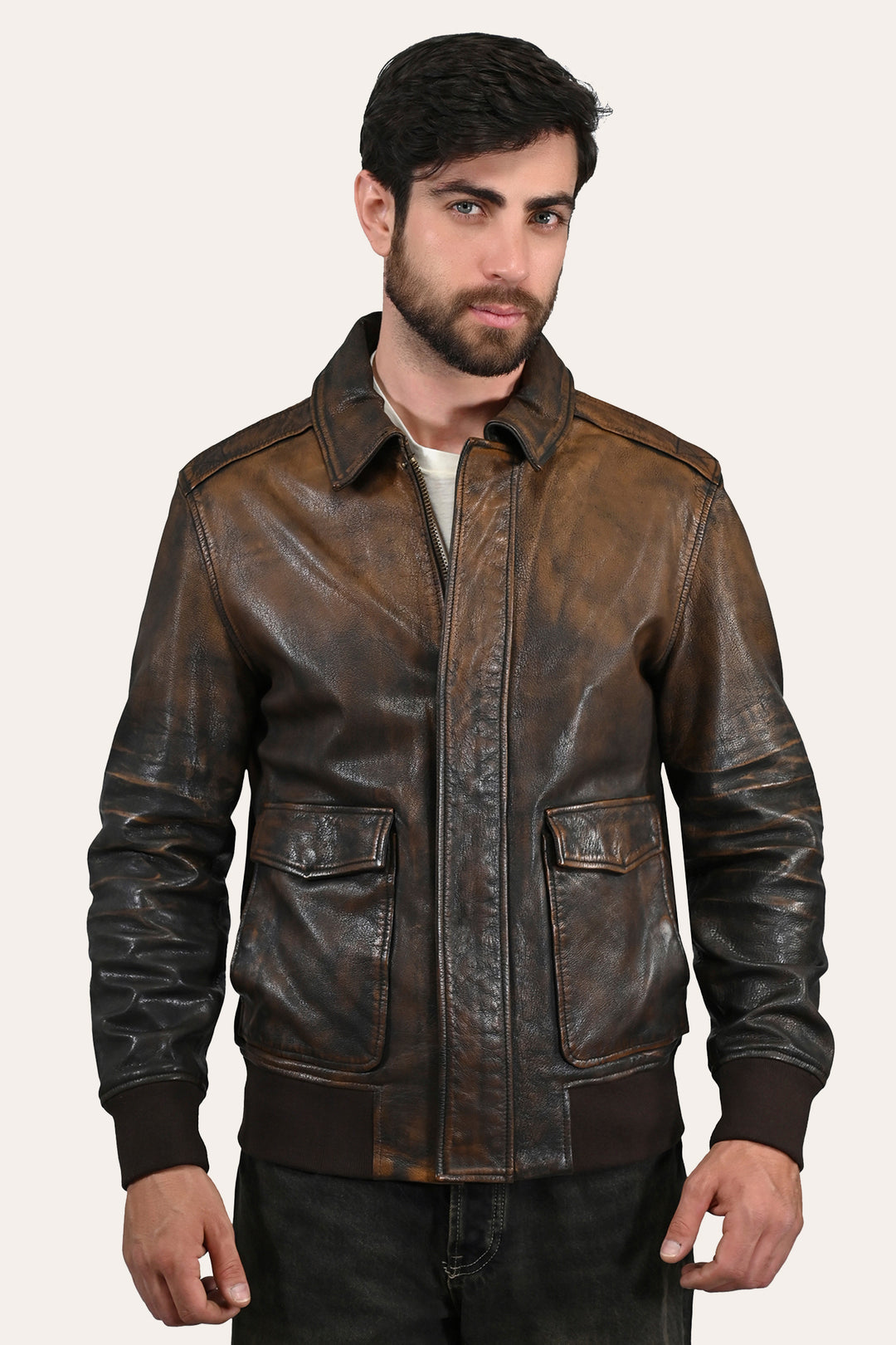Brown/Beige Leather Jackets Frye Men’s Brown Beige Nebraska Bomber Leather Jacket