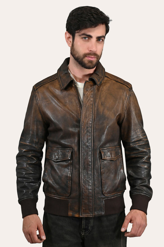 Brown/Beige Leather Jackets Frye Men’s Brown Beige Nebraska Bomber Leather Jacket