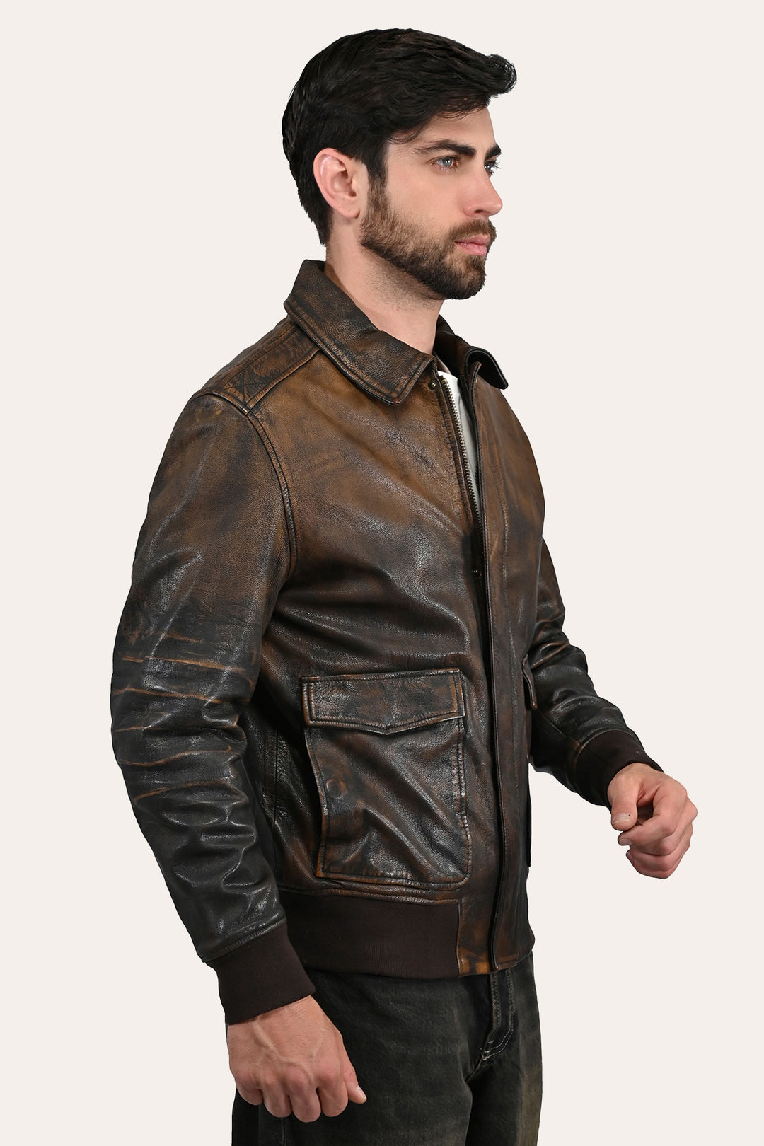 Brown/Beige Leather Jackets Frye Men’s Brown Beige Nebraska Bomber Leather Jacket