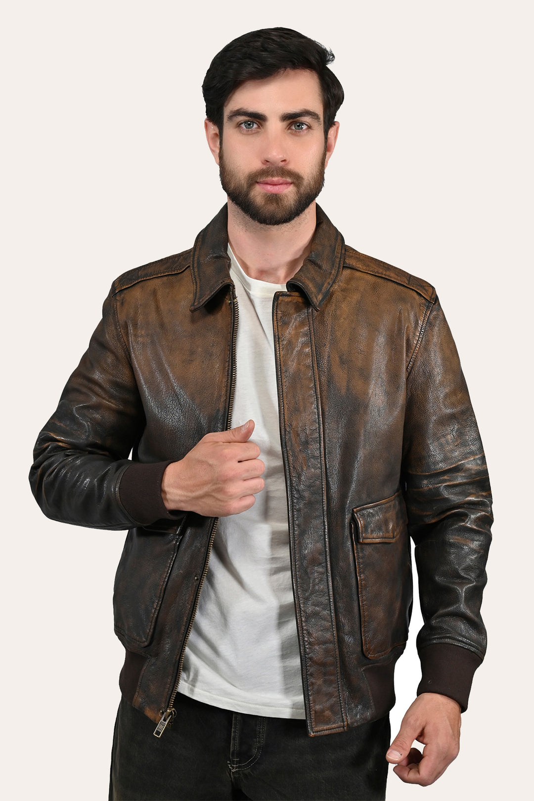 Brown/Beige Leather Jackets Frye Men’s Brown Beige Nebraska Bomber Leather Jacket